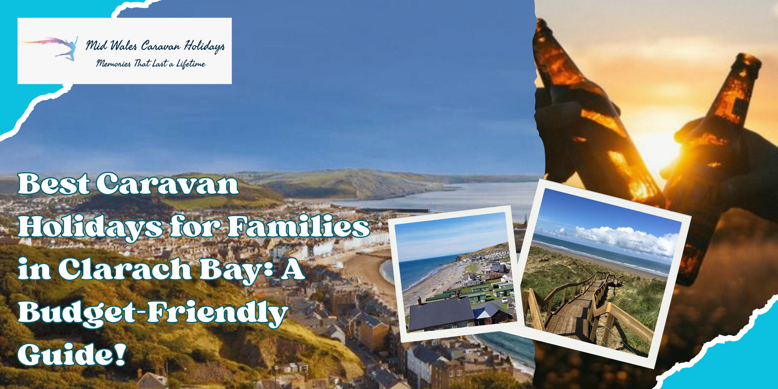 “Promotional image for Mid Wales Caravan Holidays featuring an aerial view of Clarach Bay, caravan park images, beach steps, and a family-friendly seaside holiday theme.”